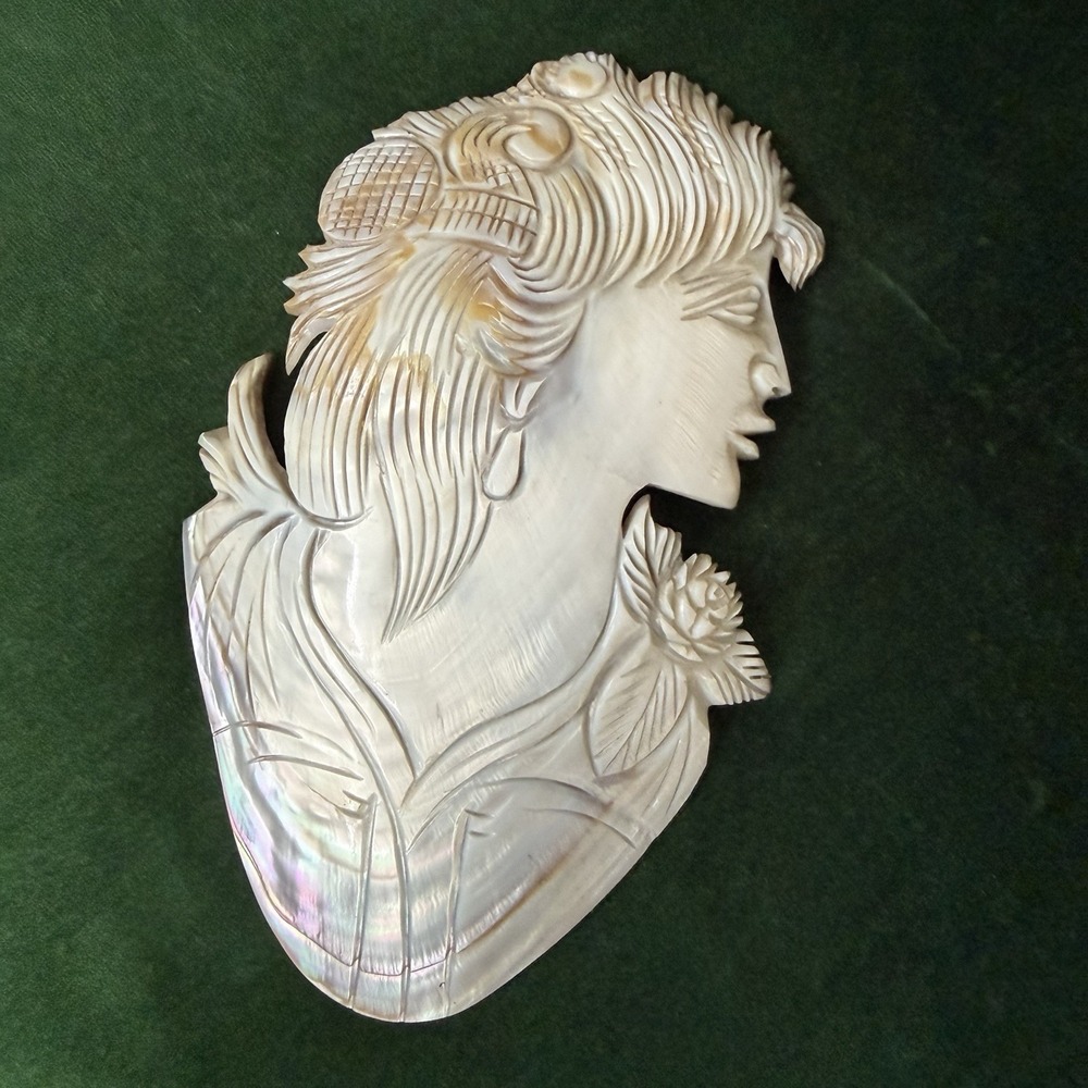 Antique Hand Carved Mother Of Pearl Shell Cameo Large 6-1/2" x 4" Woman Figure - Picture 9 of 15